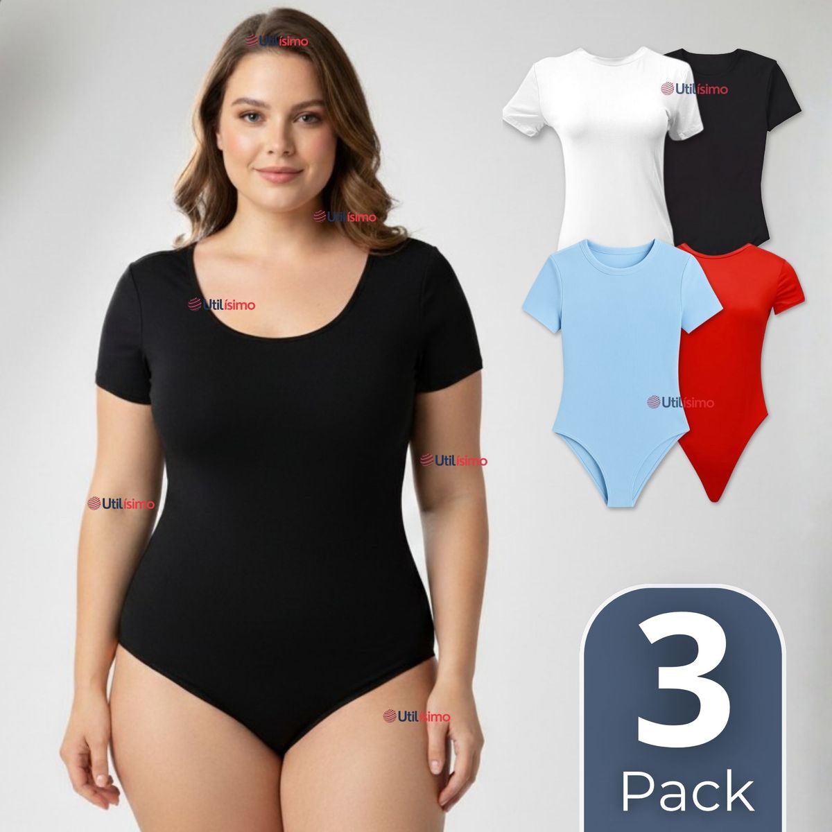 UTILISIMO - Pack 3 Bodys Ajustables Moldeador 100% Bambú Cuello Redondo Manga Corta Mujer Colores Surtidos