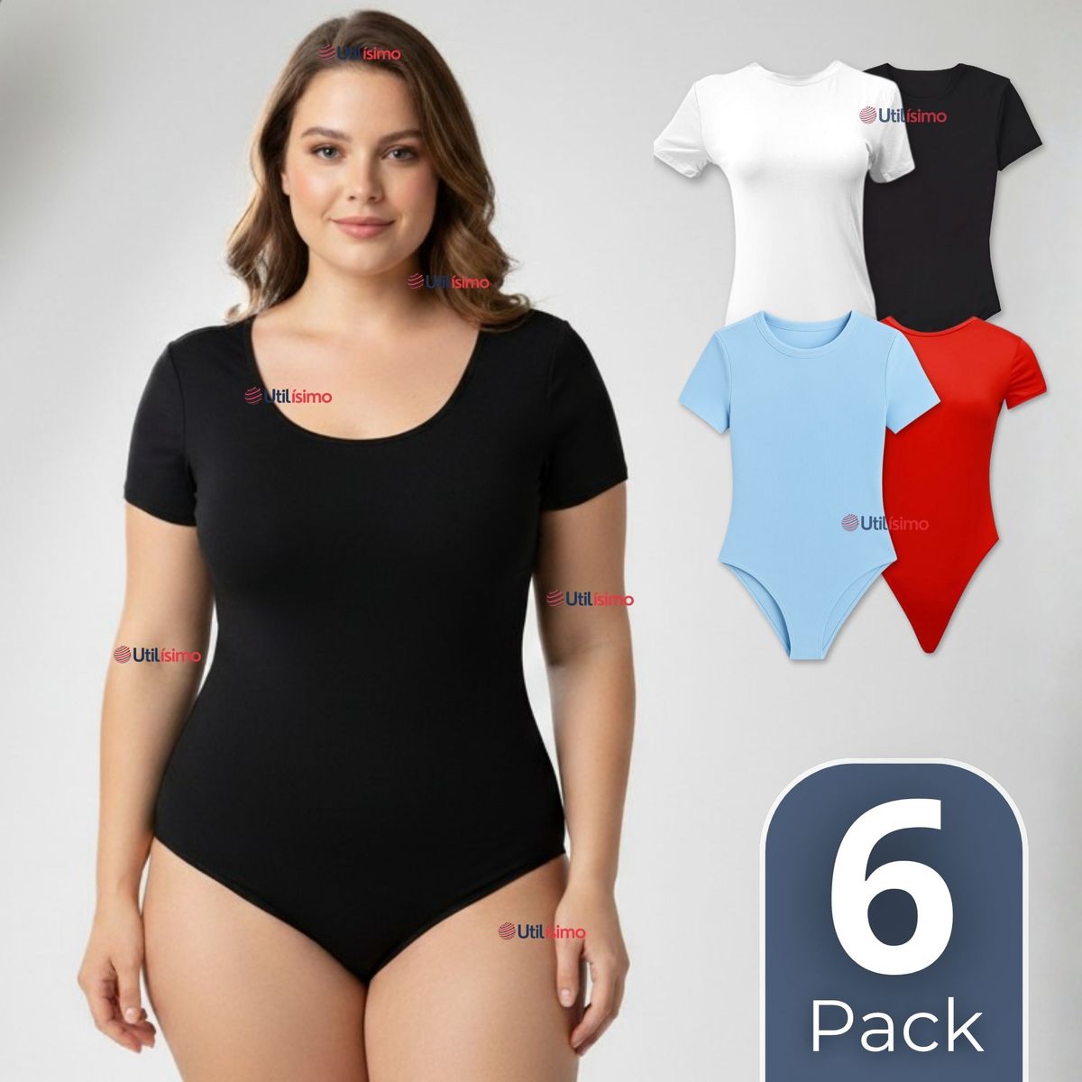 UTILISIMO - Pack 6 Bodys Ajustables Moldeador 100% Bambú Cuello Redondo Manga Corta Mujer Colores Surtidos