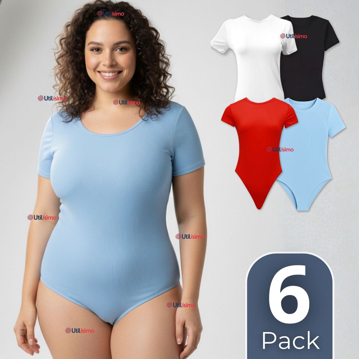UTILISIMO - Pack 6 Bodys Ajustables Moldeador 100% Bambú Cuello Redondo Manga Corta Mujer Colores Surtidos