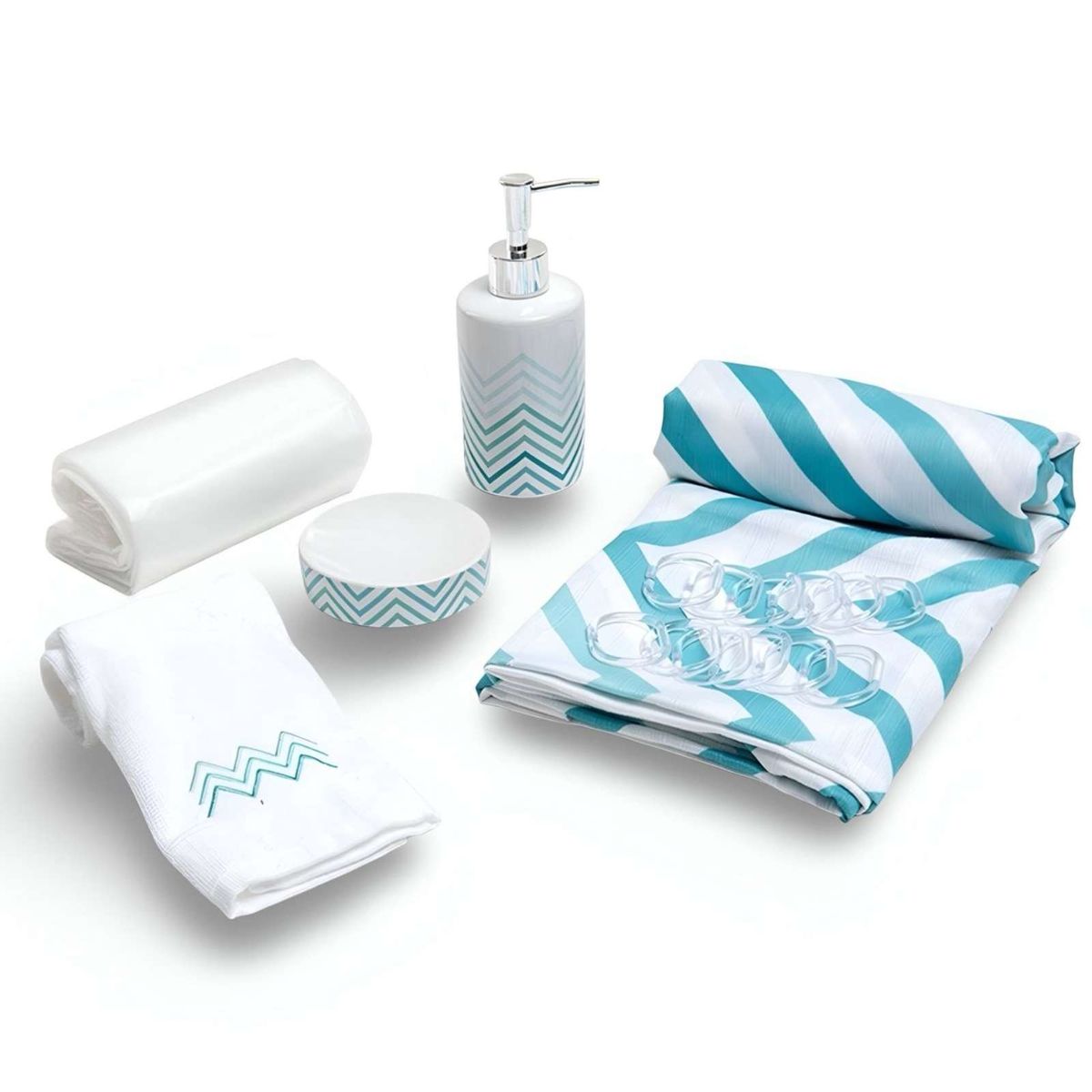 MASHINI - Juego de Baño en Caja 6 Piezas Cortina Toalla y Jaboneras Mashini