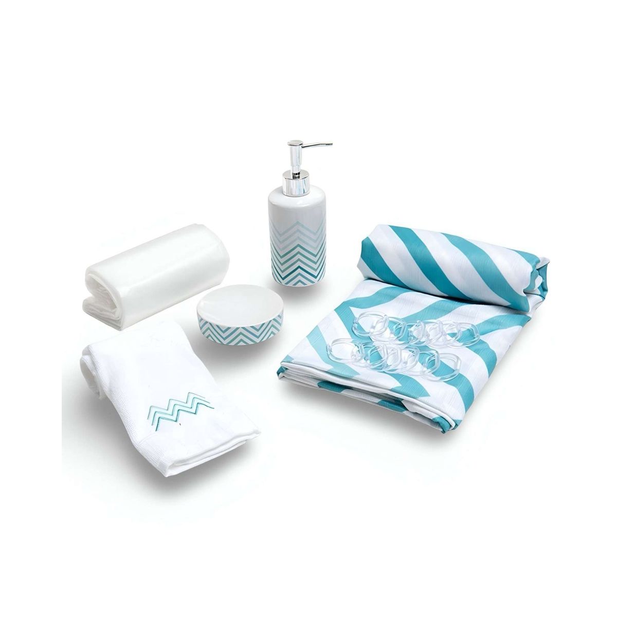 MASHINI - Juego de Baño en Caja 6 Piezas Cortina Toalla y Jaboneras Mashini