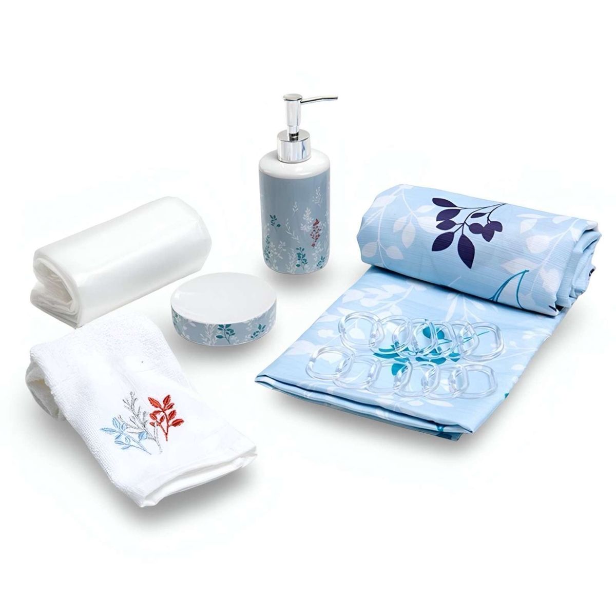 MASHINI - Juego de Baño en Caja 6 Piezas Cortina Toalla y Jaboneras Mashini