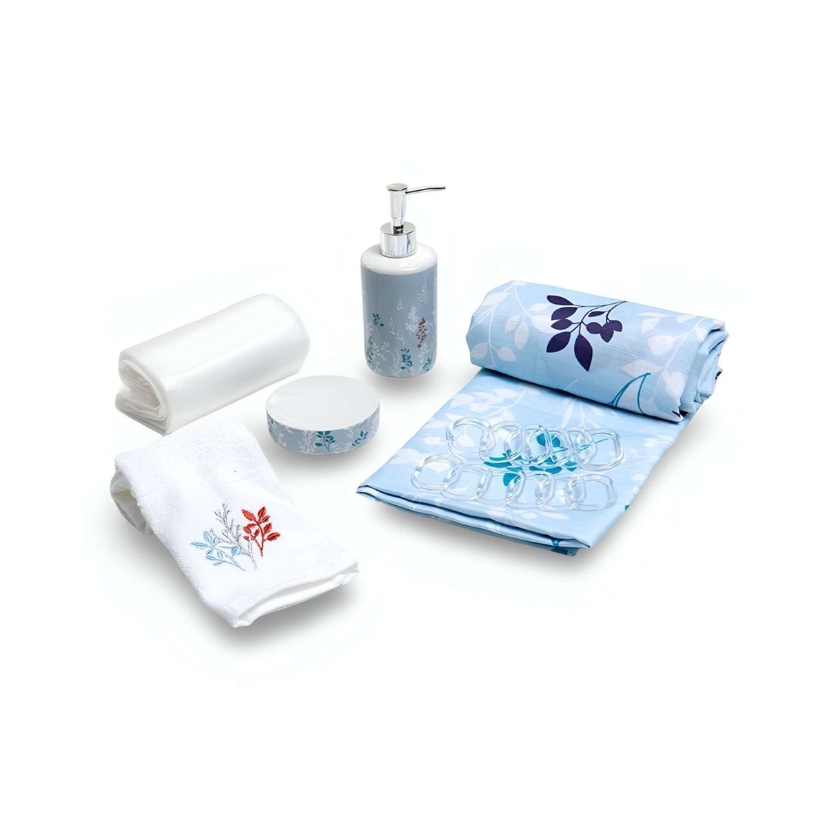 MASHINI - Juego de Baño en Caja 6 Piezas Cortina Toalla y Jaboneras Mashini