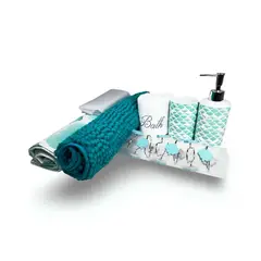 DORAL - Juego de Baño 18 Piezas Cortina Alfombra Toalla y Jaboneras