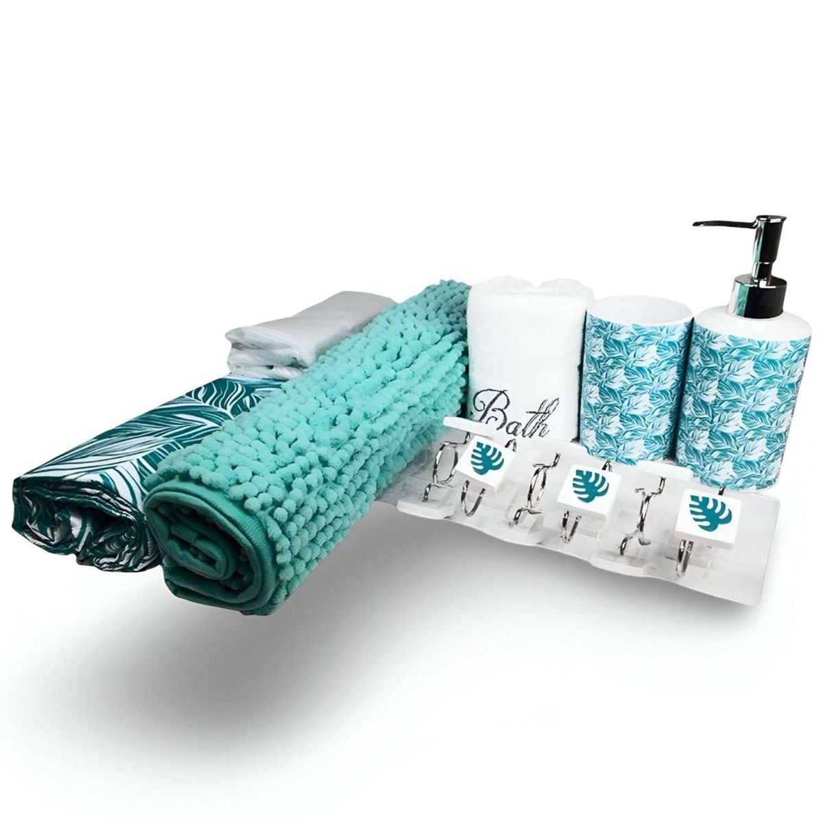 DORAL - Juego de Baño 18 Piezas Cortina Alfombra Toalla y Jaboneras Doral