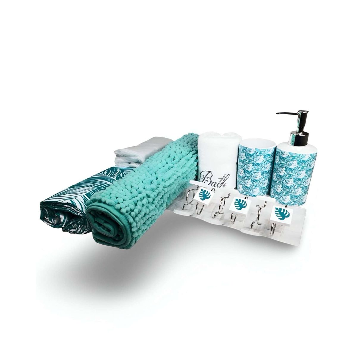 DORAL - Juego de Baño 18 Piezas Cortina Alfombra Toalla y Jaboneras Doral