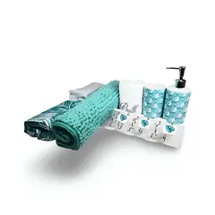 DORAL - Juego de Baño 18 Piezas Cortina Alfombra Toalla y Jaboneras