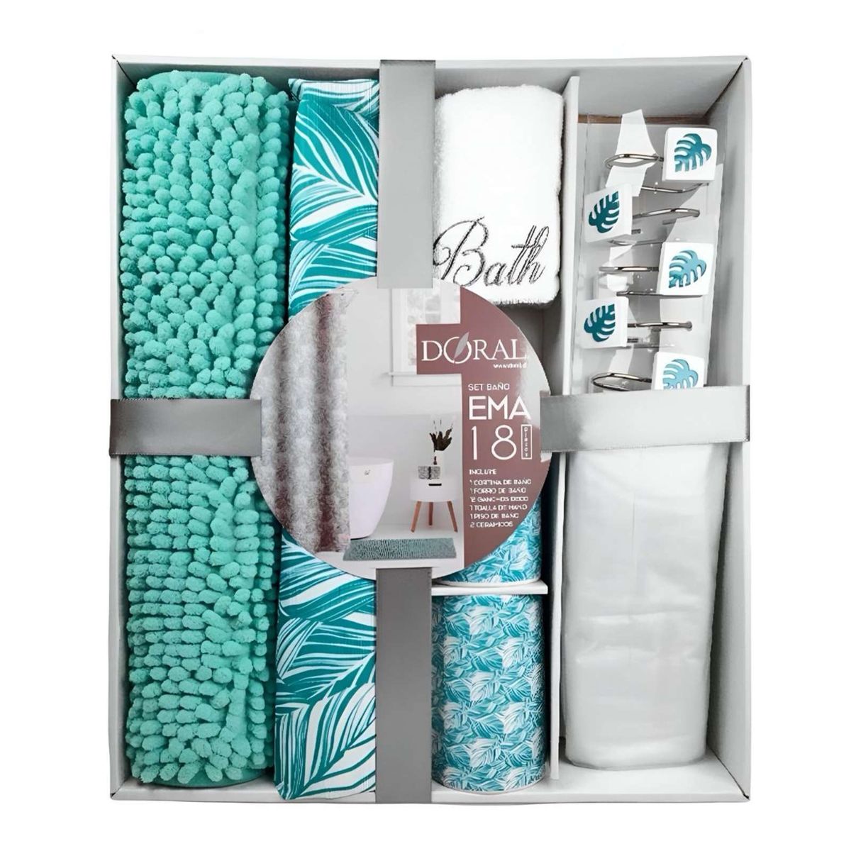 DORAL - Juego de Baño 18 Piezas Cortina Alfombra Toalla y Jaboneras Doral