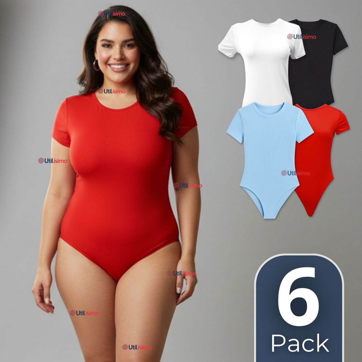 UTILISIMO - Pack 6 Bodys Ajustables Moldeador 100% Bambú Cuello Redondo Manga Corta Mujer Colores Surtidos