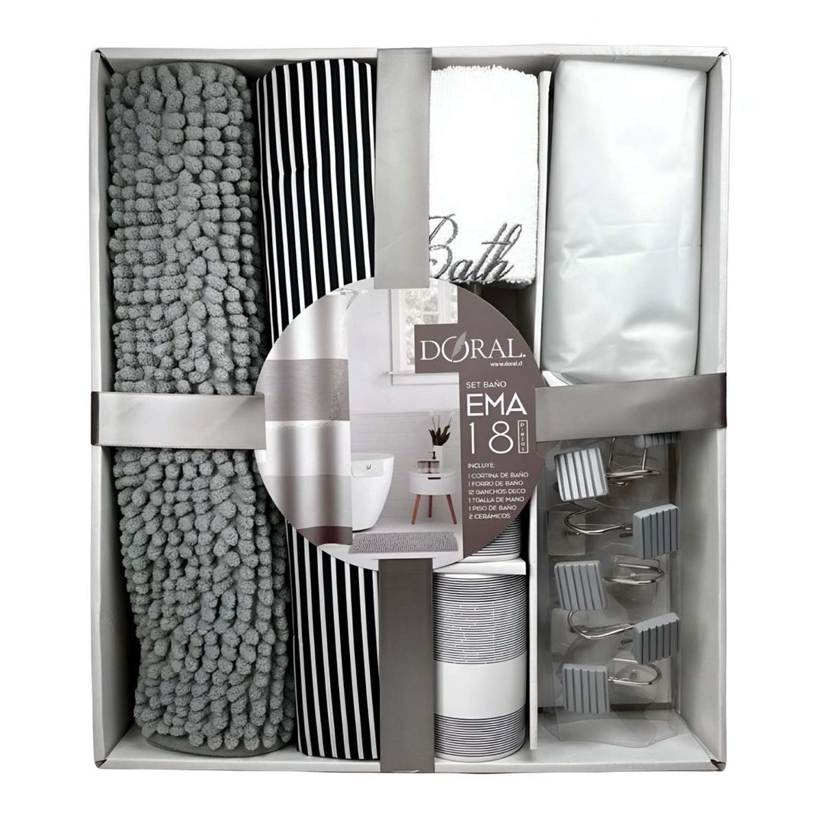 DORAL - Juego de Baño 18 Piezas Cortina Alfombra Toalla y Jaboneras Doral