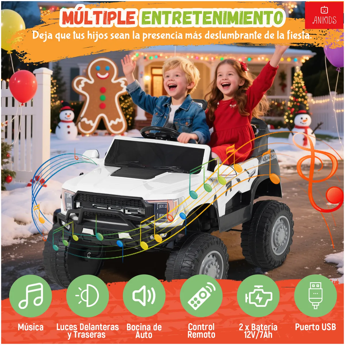 ANIKIDS - Auto a Batería Para Niños 12V 7Ah Control Remoto Todoterreno Color Blanco