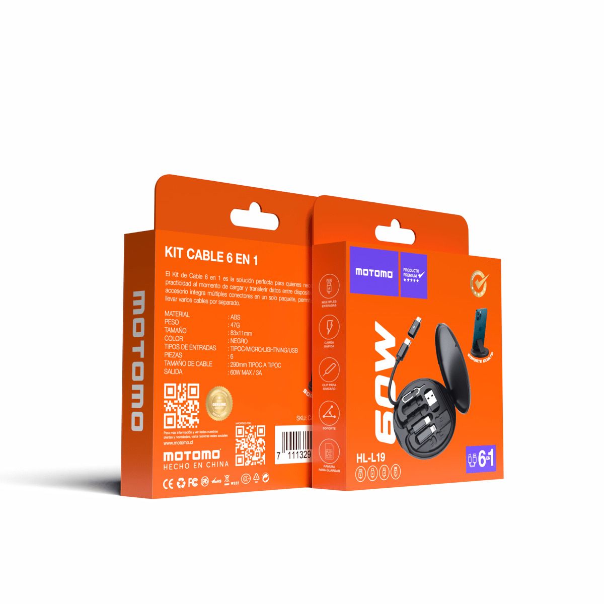 MOTOMO - CABLE DATO KIT 6EN1 3A60W MAX USB-ALIGHTNINGUSB-CMICROUSB MOTOMO CATELE46