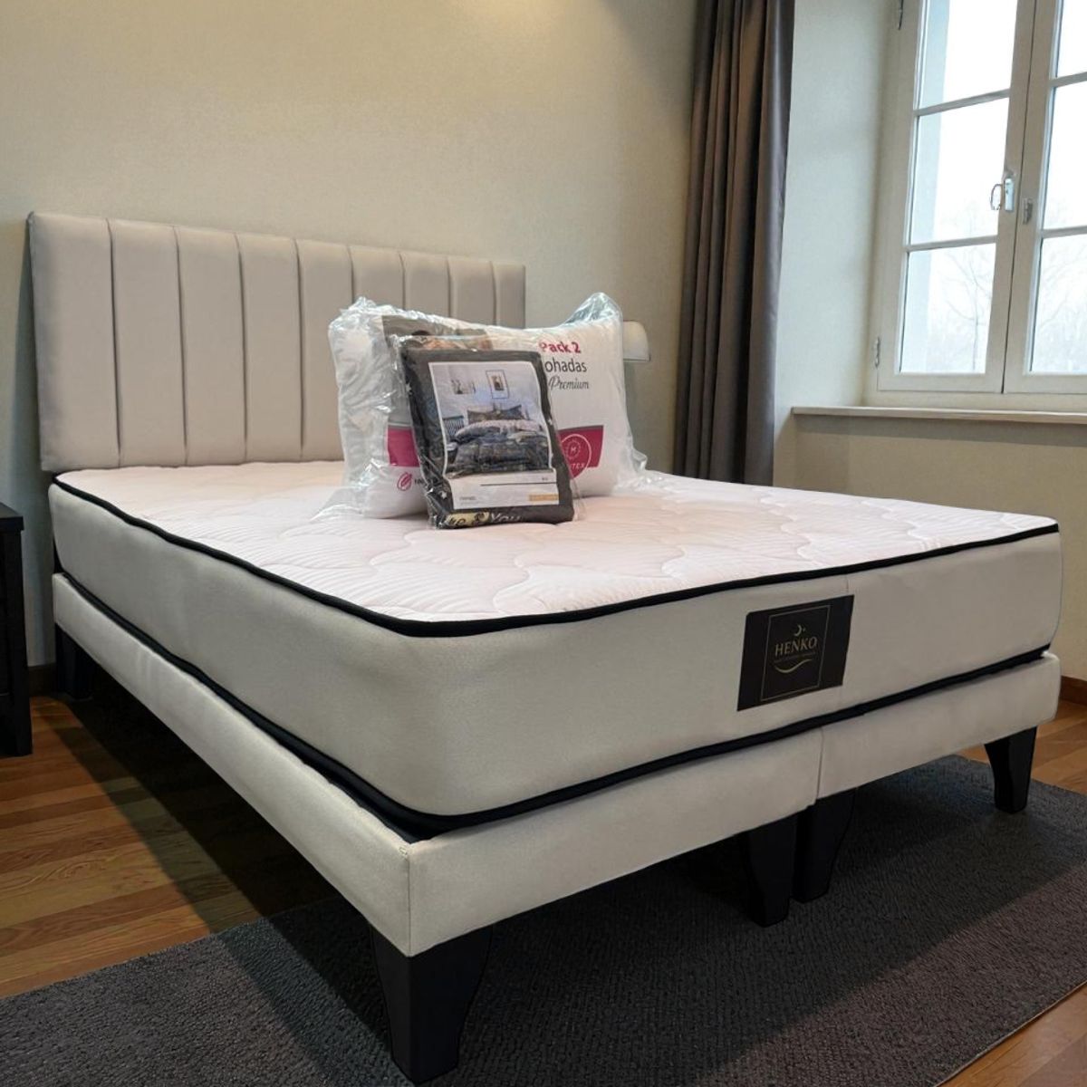 GENERICO - Cama 2 Plazas Crudo Henko Premium Base + Respaldo + Colchon + Almohadas + Juego de sabana