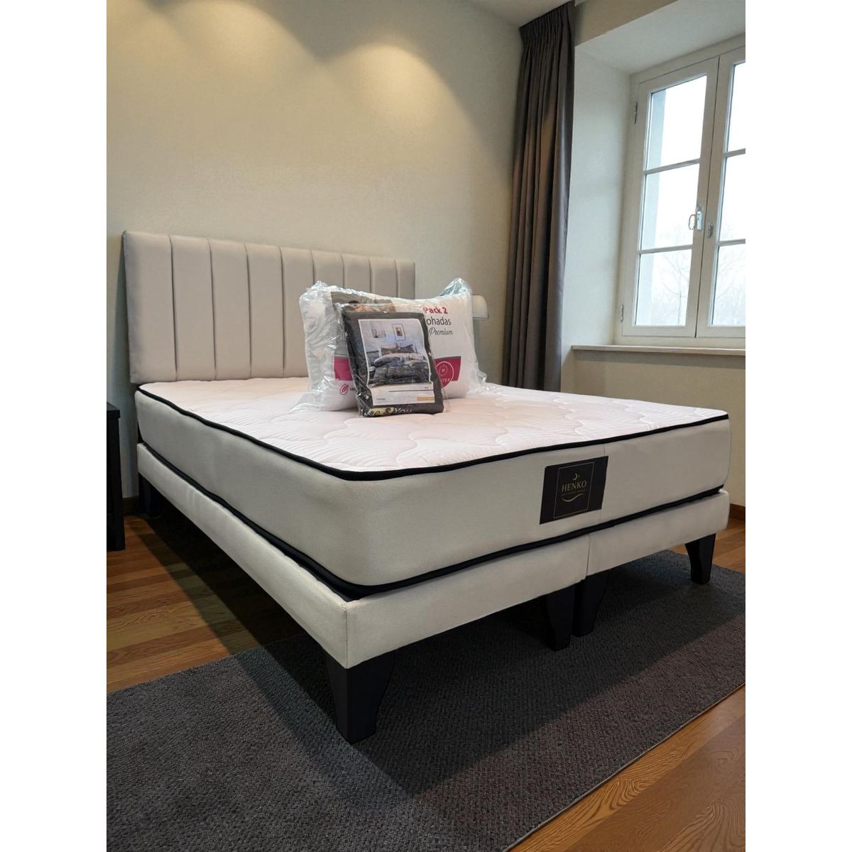 GENERICO - Cama 2 Plazas Crudo Henko Premium Base + Respaldo + Colchon + Almohadas + Juego de sabana