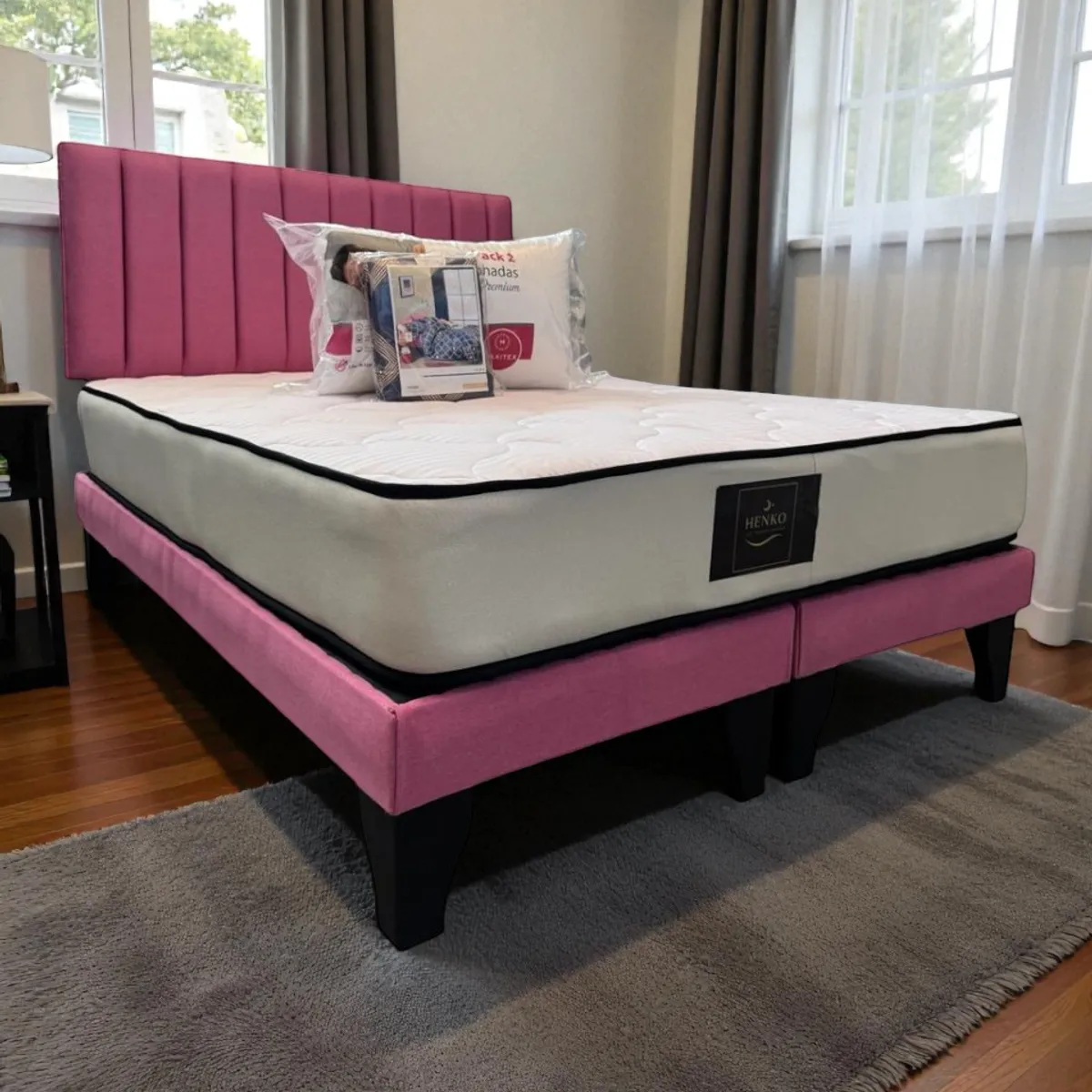 GENERICO - Cama 2 Plazas Rosado Henko Premium Base + Respaldo + Colchon + Almohadas + Juego de sabana