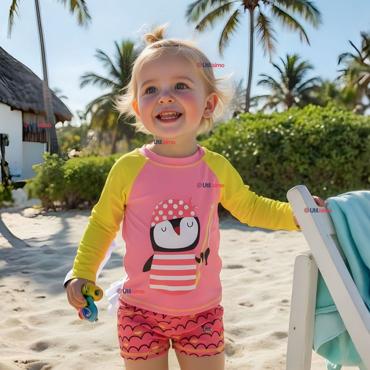 JUMP KIDS - Traje De Baño Manga Larga y Pantalón Corto 2 Piezas Niña de 3 a 9 Años Pink Penguin