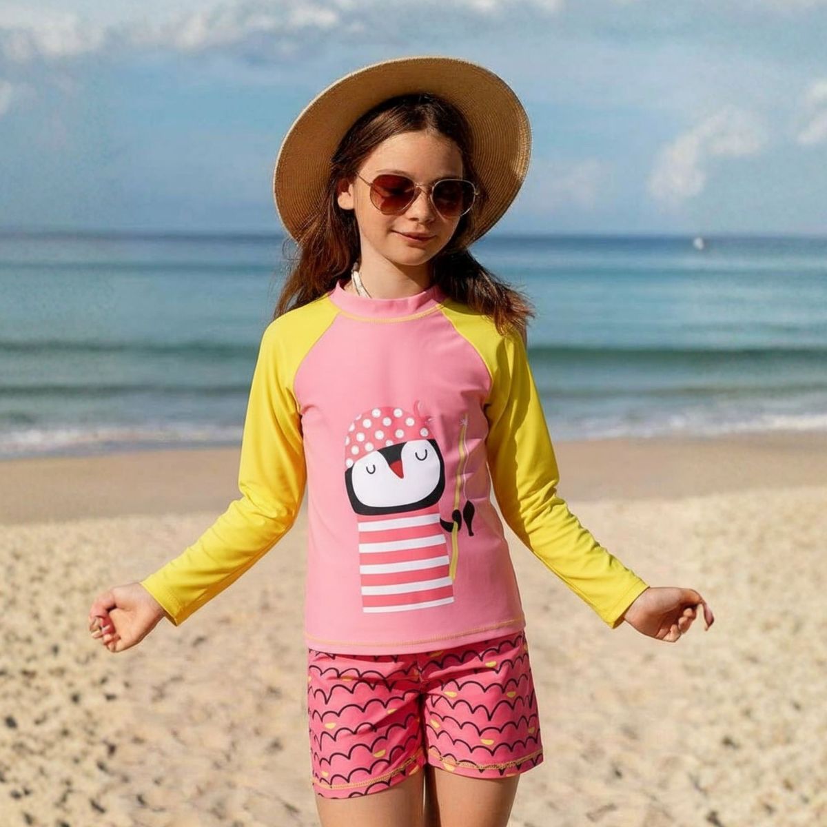 JUMP KIDS - Traje De Baño Manga Larga y Pantalón Corto 2 Piezas Niña de 3 a 9 Años Pink Penguin