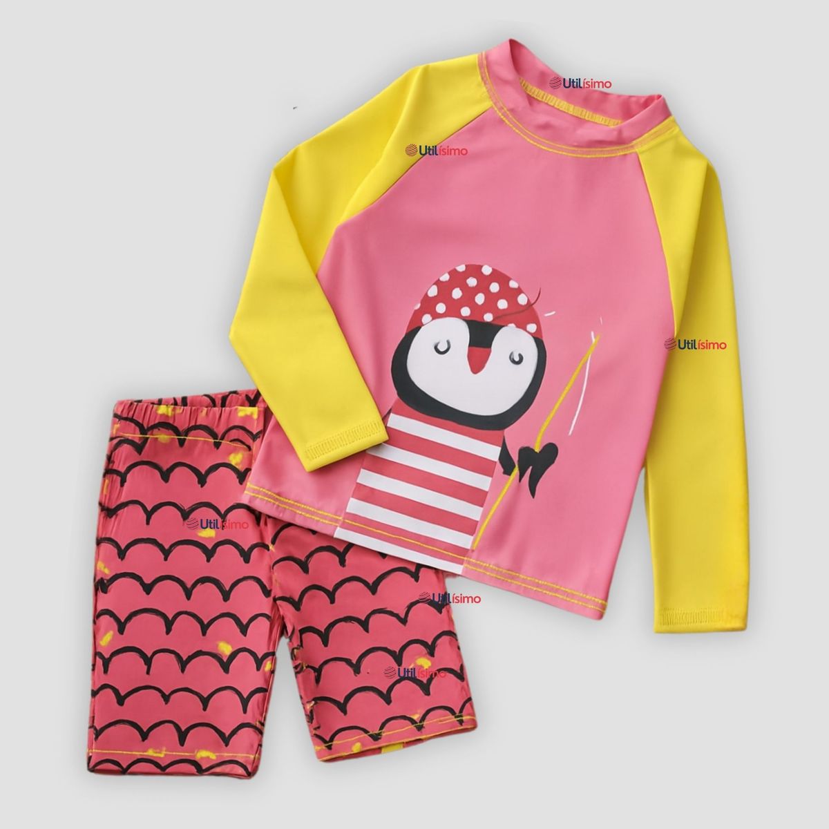 JUMP KIDS - Traje De Baño Manga Larga y Pantalón Corto 2 Piezas Niña de 3 a 9 Años Pink Penguin