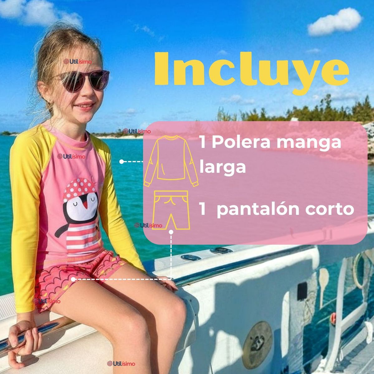 JUMP KIDS - Traje De Baño Manga Larga y Pantalón Corto 2 Piezas Niña de 3 a 9 Años Pink Penguin