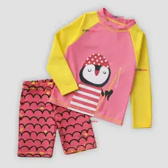 JUMP KIDS - Traje De Baño Manga Larga y Pantalón Corto 2 Piezas Niña de 3 a 9 Años Pink Penguin
