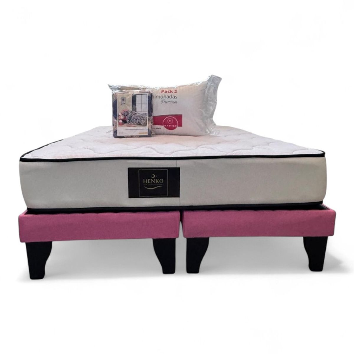 GENERICO - Base 2 Plazas Rosado Henko Premium + Colchon + Almohadas + Juego de sabana