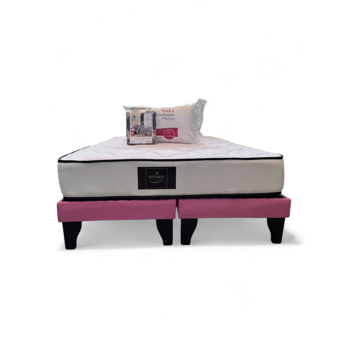GENERICO - Base 2 Plazas Rosado Henko Premium + Colchon + Almohadas + Juego de sabana