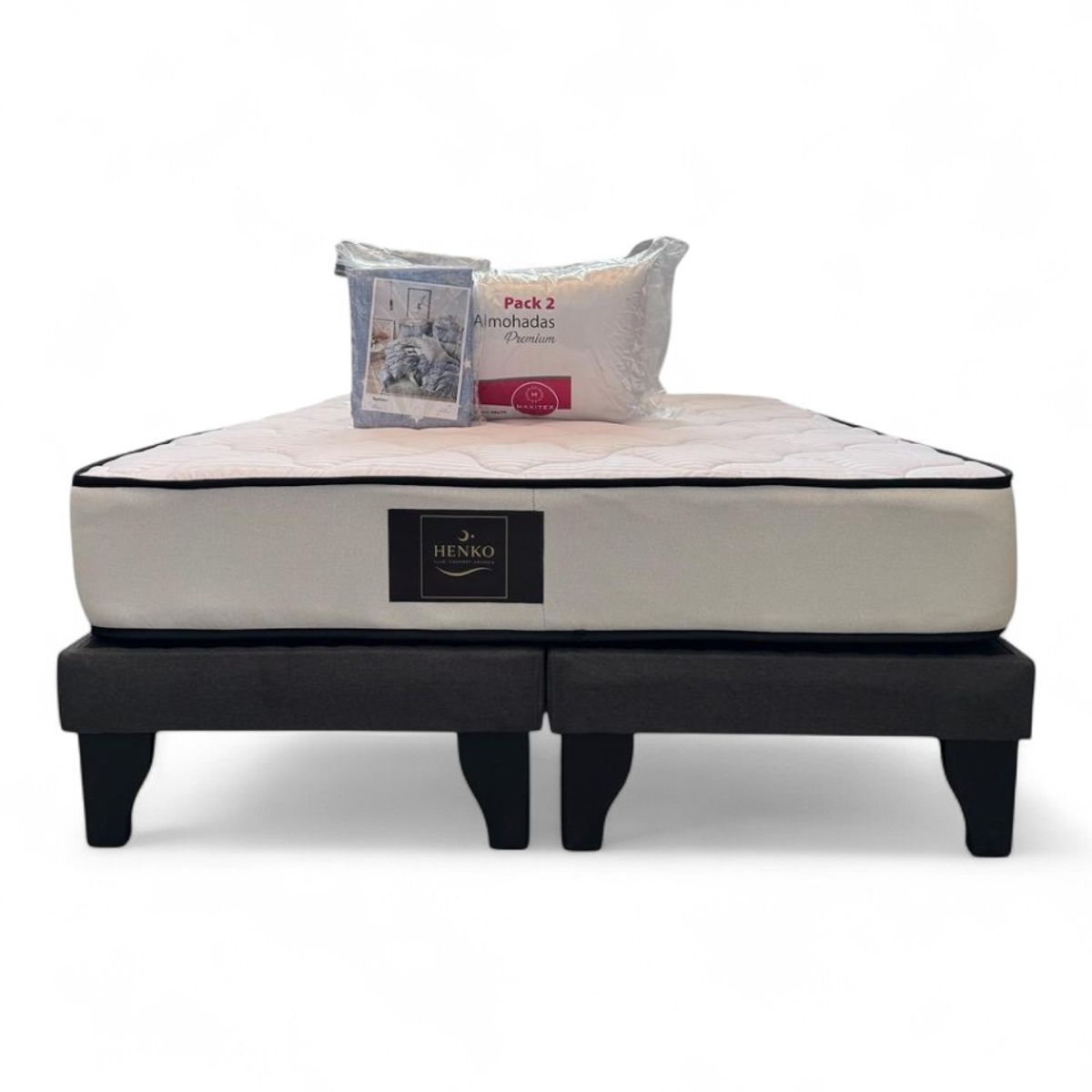 GENERICO - Base 2 Plazas Gris Henko Premium + Colchon + Almohadas + Juego de sabana