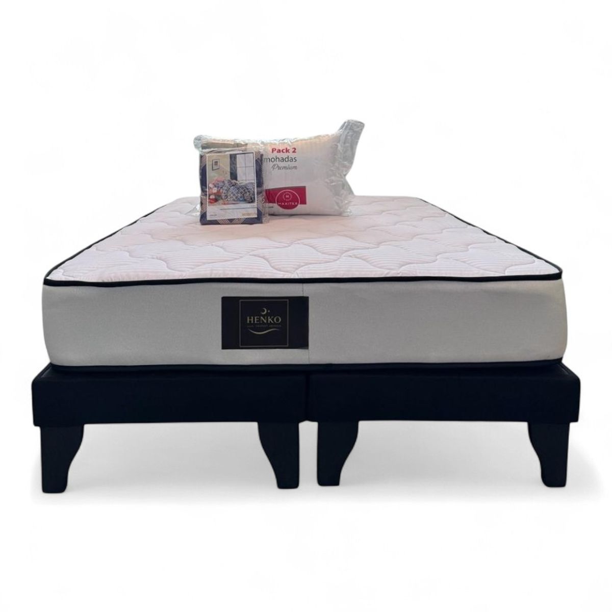 GENERICO - Base 2 Plazas Negro Henko Premium + Colchon + Almohadas + Juego de sabana