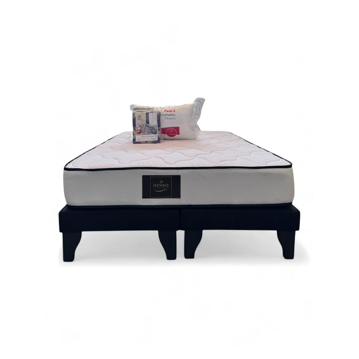 GENERICO - Base 2 Plazas Negro Henko Premium + Colchon + Almohadas + Juego de sabana