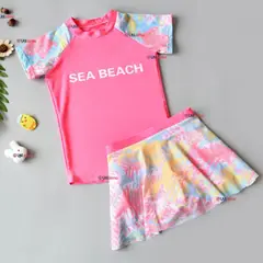 JUMP KIDS - Traje De Baño Manga Corta y Pantalón Corto Con Falda 2 Piezas Niña de 6 a 13 Años Pink Beach