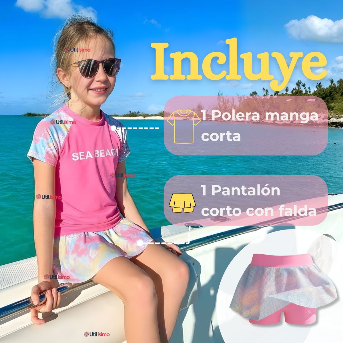 JUMP KIDS - Traje De Baño Manga Corta y Pantalón Corto Con Falda 2 Piezas Niña de 6 a 13 Años Pink Beach