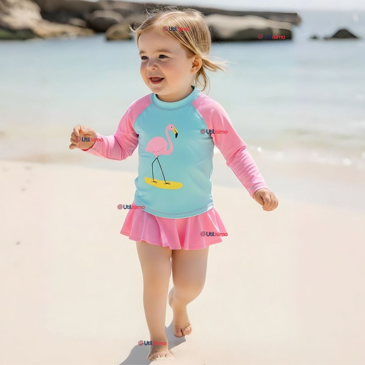 JUMP KIDS - Traje De Baño Manga Larga y Pantalón Corto Con Falda Niña 2 a 7 años Pink Flamingo