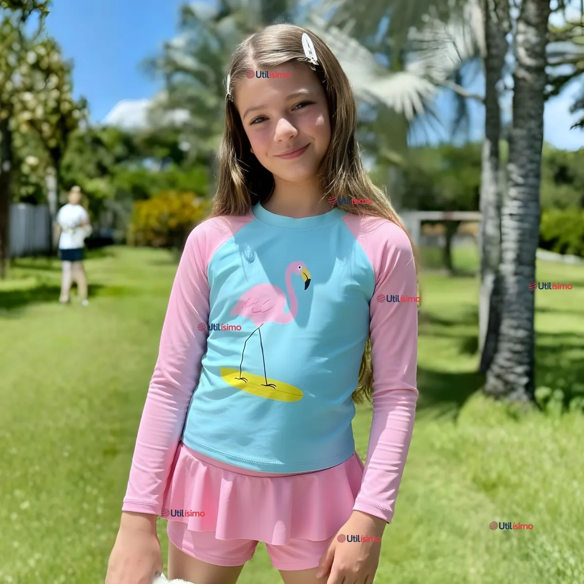 JUMP KIDS - Traje De Baño Manga Larga y Pantalón Corto Con Falda Niña 2 a 7 años Pink Flamingo