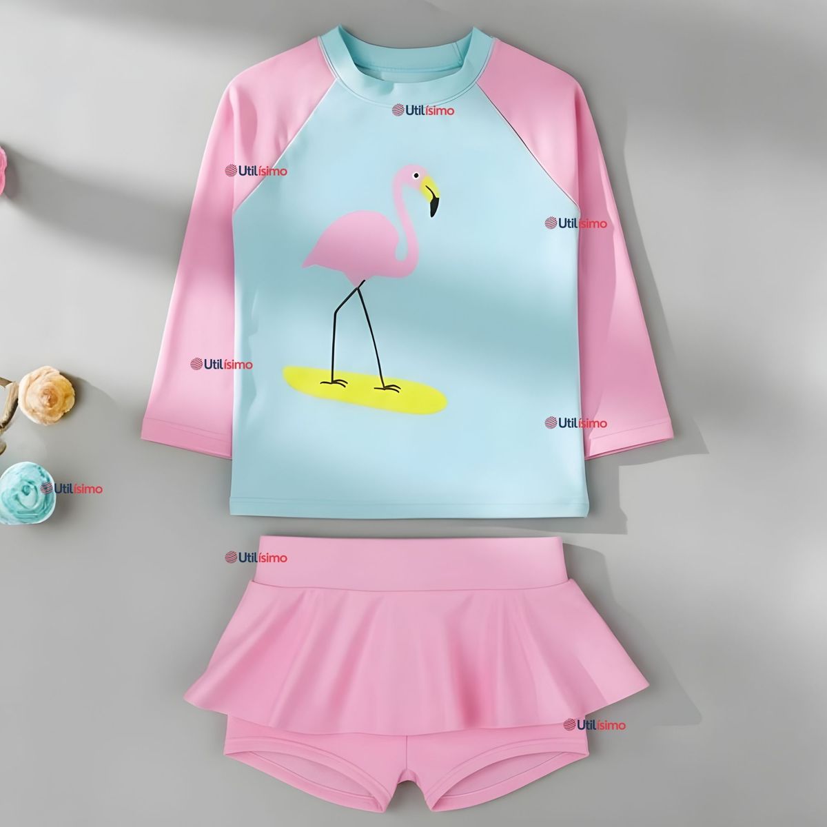 JUMP KIDS - Traje De Baño Manga Larga y Pantalón Corto Con Falda Niña 2 a 7 años Pink Flamingo