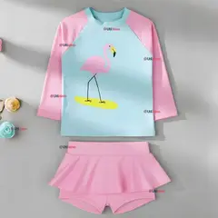 JUMP KIDS - Traje De Baño Manga Larga y Pantalón Corto Con Falda Niña 2 a 7 años Pink Flamingo