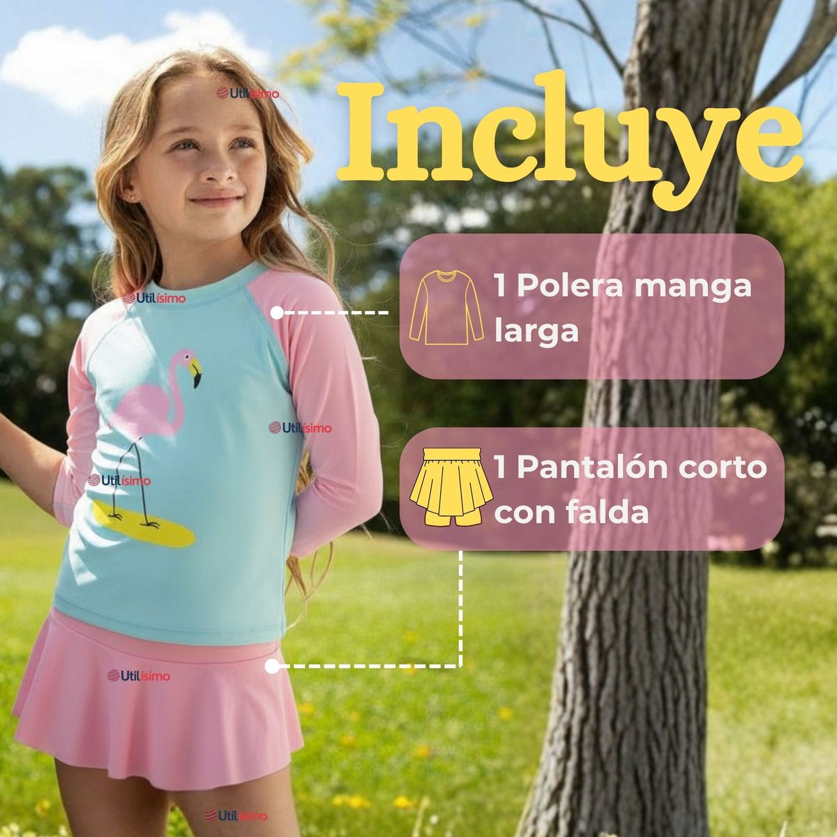 JUMP KIDS - Traje De Baño Manga Larga y Pantalón Corto Con Falda Niña 2 a 7 años Pink Flamingo