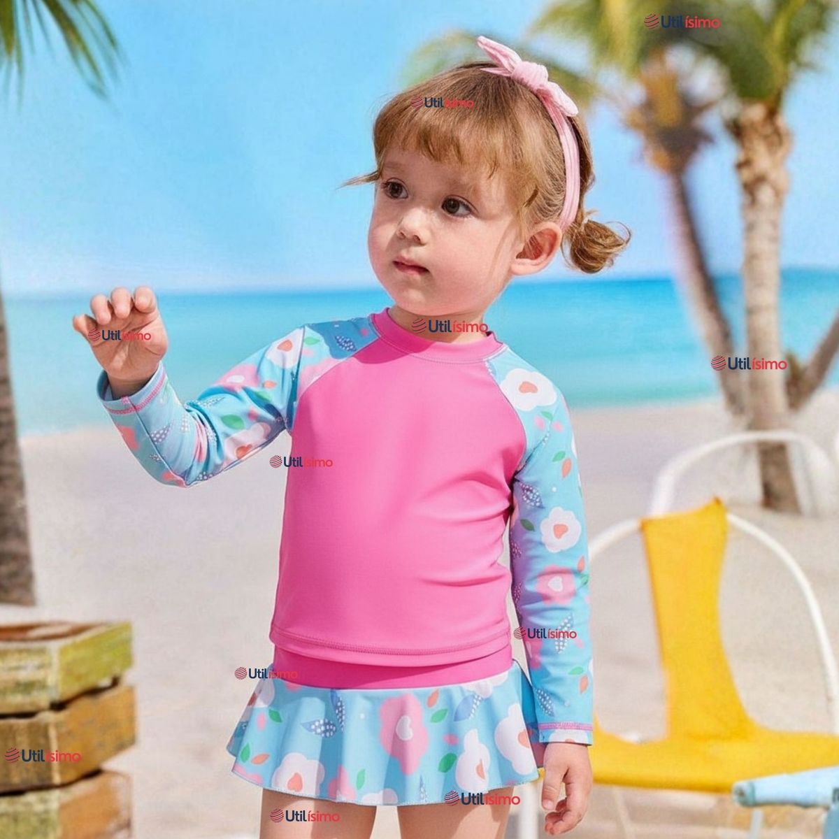 JUMP KIDS - Traje De Baño Manga Larga Estilo Tankini Con Falda Niña 2 a 7 años Pretty Flowers