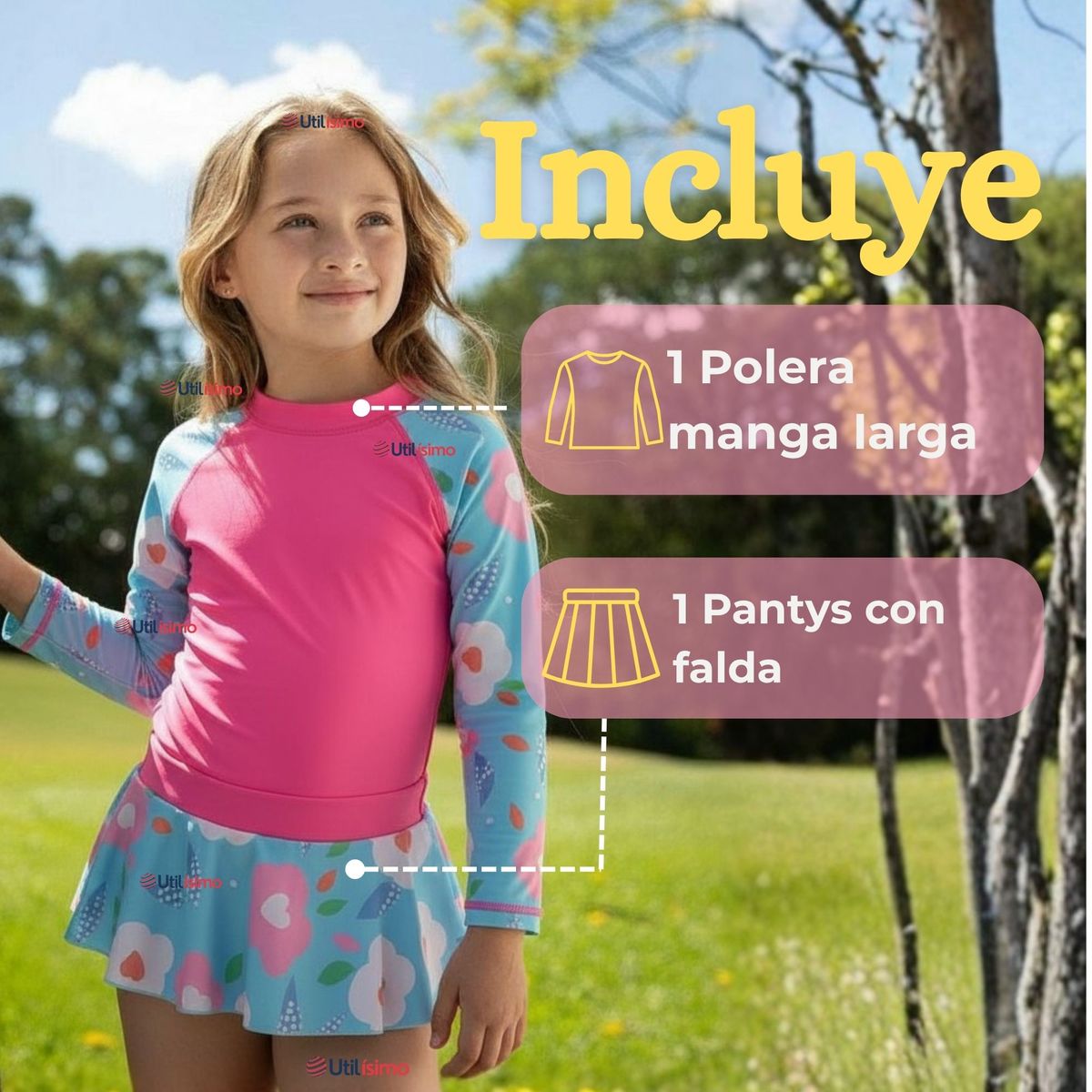 JUMP KIDS - Traje De Baño Manga Larga Estilo Tankini Con Falda Niña 2 a 7 años Pretty Flowers