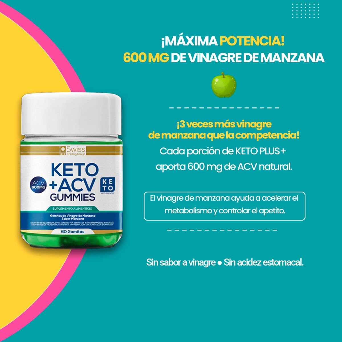 KETO PLUS - Pack 2 Keto Plus 60 c/u Gomitas De Vinagre de Manzana Quemador de Grasa con Magnesio y Zinc