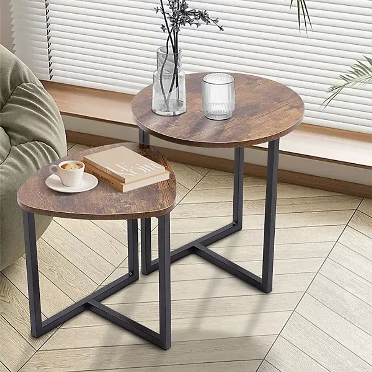 YOMYM - Set 2 Mesas auxiliares redondas y mesas auxiliares triangulares 45×45 ×48cm+42×37×40cm(marrón)