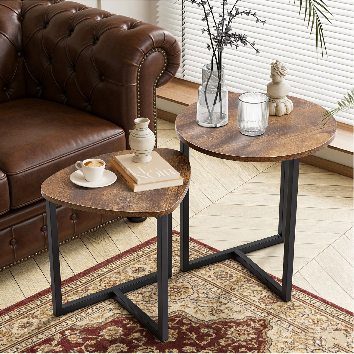 YOMYM - Set 2 Mesas auxiliares redondas y mesas auxiliares triangulares 45×45 ×48cm+42×37×40cm(marrón)