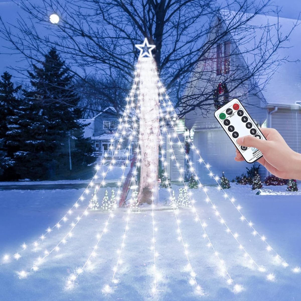 SUPERCENTER - Luces Solar Navidad Cascada Estrella Árbol 3m Control Blanco