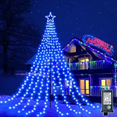 SUPERCENTER - Luces Solar Navidad Cascada Estrella Árbol 3m Control Blanco Azul