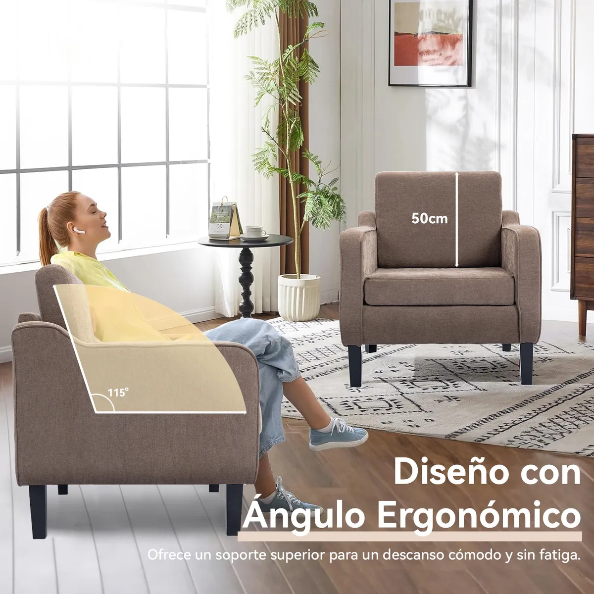 ELEMENT DESIGN - Poltrona Lyre Acolchada Moderno Marrón para Living Dormitorio Chenille Suave y Estilo