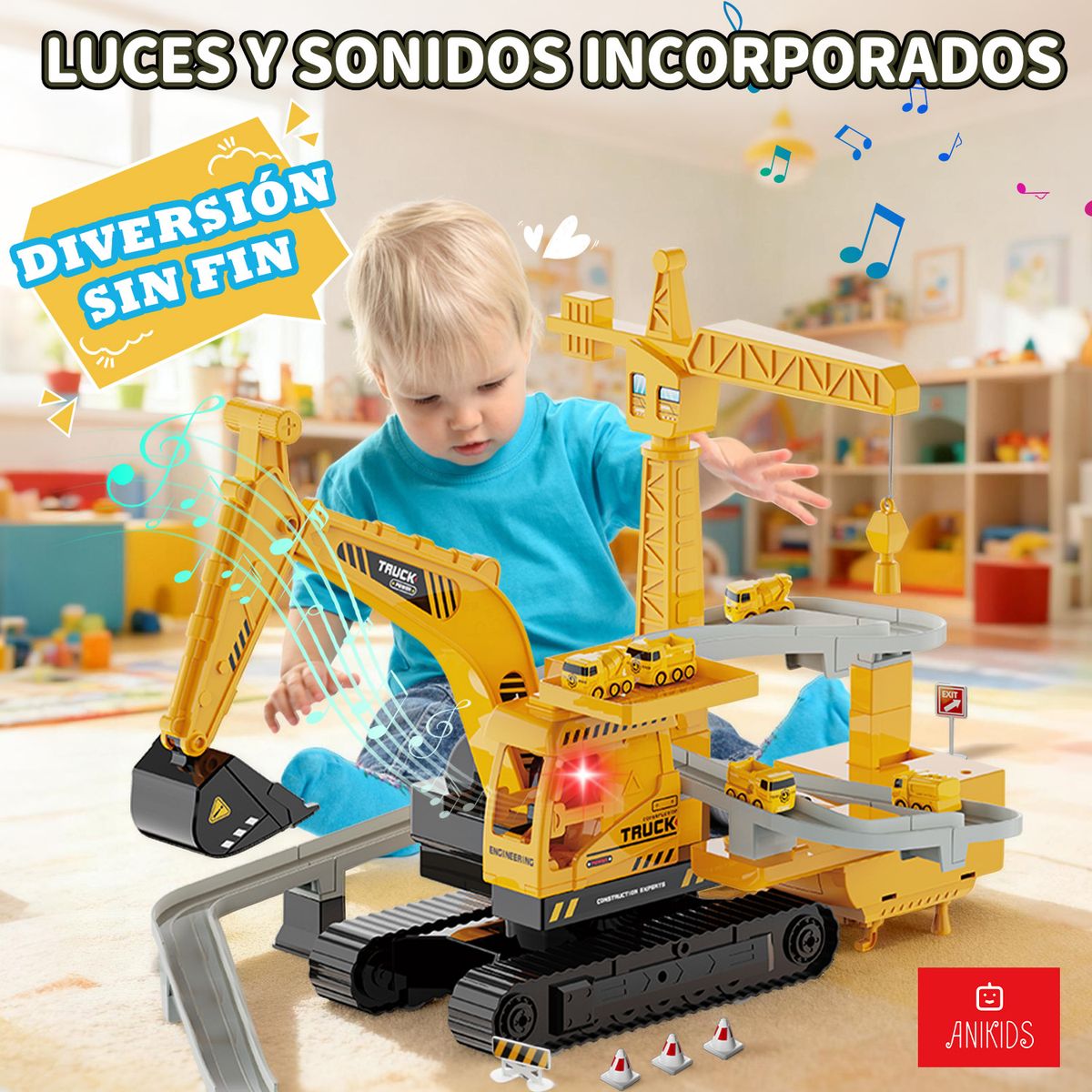 ANIKIDS - Pista De Autos Con Excavadora Grúa Multifuncional Juguete Niños Color Amarillo