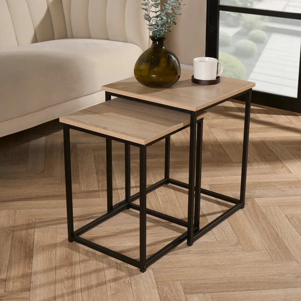 YOMYM - Set 2 Mesas Auxiliares Combinación Empalmable 53×44×53cm+46×38×43cm