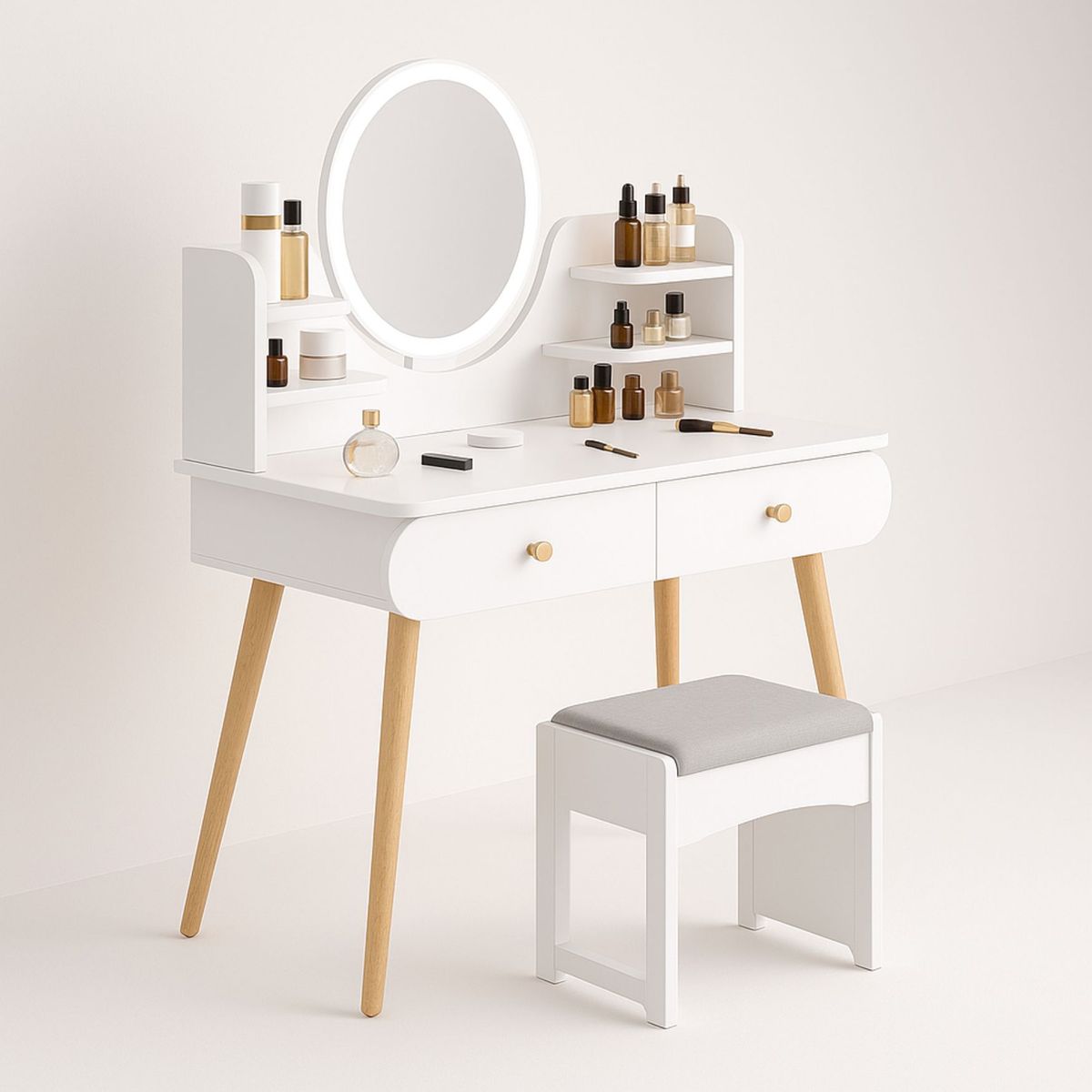 MOVI - Tocador Moderno con Luz Led +2 Cajones + Asiento - Iluminación y Comodidad para Tu Ritual de Belleza