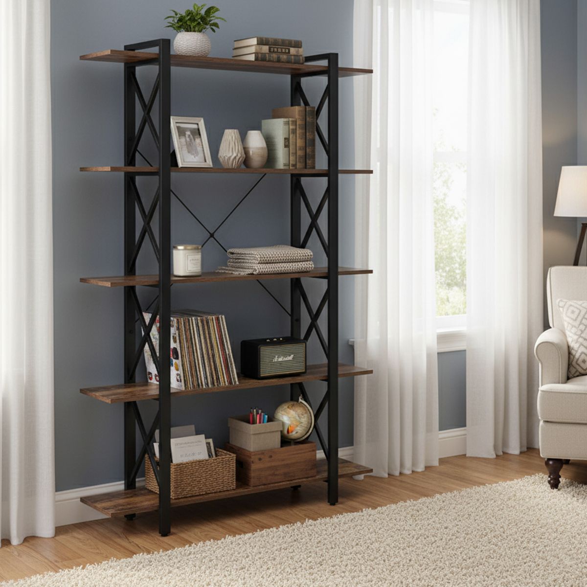 JOYTEK - Estante de Metal y Madera 5 Niveles 120x28.5x182 cm Nogal Oscuro