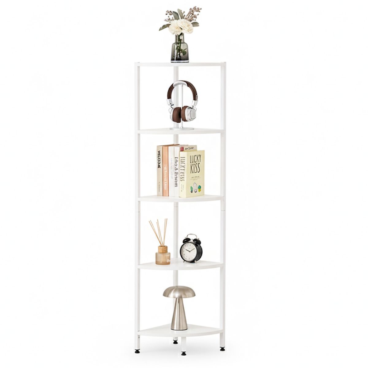 JOYTEK - Estante Esquinero Blanco de Metal y Madera 5 Niveles 140.5x32×32 cm