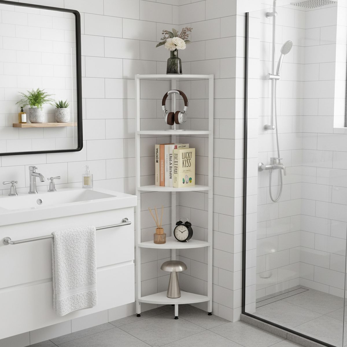 JOYTEK - Estante Esquinero Blanco de Metal y Madera 5 Niveles 140.5x32×32 cm